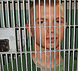 Bradley Manning behind bars. Art by Jeff Paterson Manning cell art