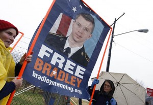 Supporters of U.S. Army Pfc. Bradley Manning protest during Manning's scheduled motion hearing, outside the gates of Fort Meade