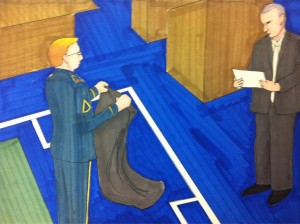 Bradley Manning in court, with the suicide blanket he was forced to use. Sketch by Clark Stoeckley.
