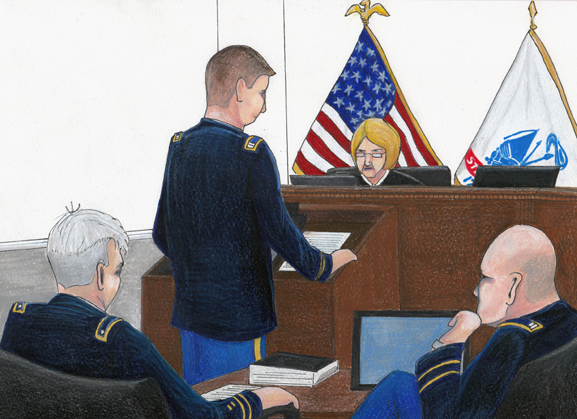 Government prosecutors speaking to Judge Denise Lind. Sketch by Clark Stoeckley (BMSN).