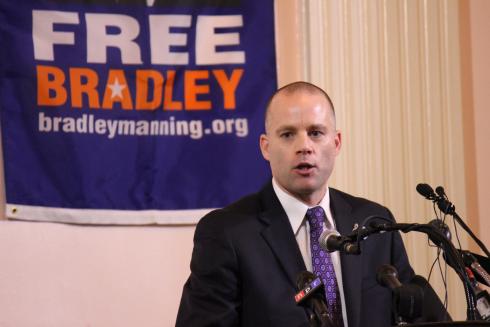 Lawyer David Coombs speaking about his client, PFC Bradley Manning, in Washington DC. SHFWire photo by Jory Heckman.