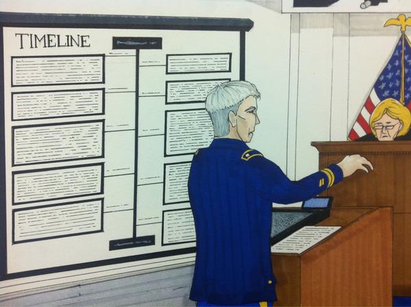 Prosecutors justifying their extensive delays. Sketch by Clark Stoeckley, Bradley Manning Support Network.