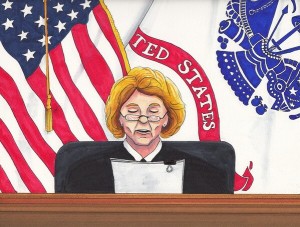 Judge Denise Lind. Sketch by Clark Stoeckley, Bradley Manning Support Network.