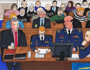 Bradley Manning reading his plea statement in court, sketched by Clark Stoeckley of the Bradley Manning Support Network.