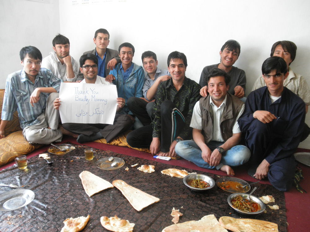 Afghan Peace Volunteers with a sign that thanks Bradley Manning (Photo credit: Hakim)