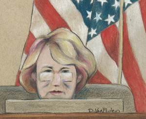 Original Drawing of Judge Col. Denise Lind, presiding in US vs. Bradley Manning (by Debra Van Poolen)